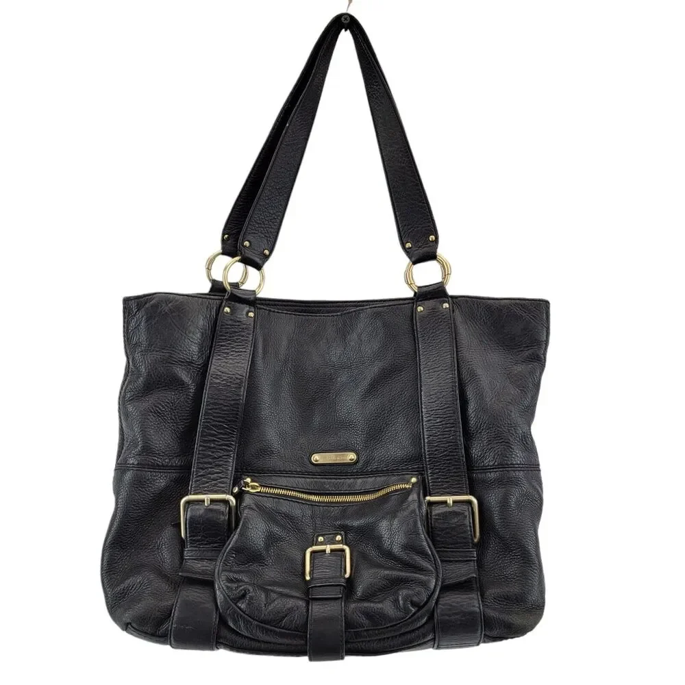 Michael Kors Black Leather Tote Bag Shoulder Bag Gold Tone‎ Hardware 17x12x5.5 - Picture 2 of 14